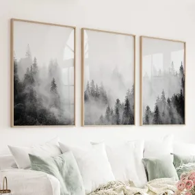 Black White Misty Forest Wall Art Set of 3