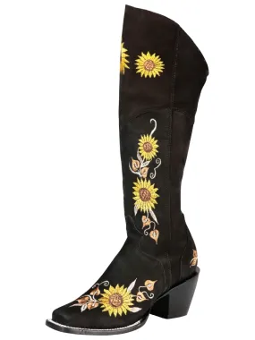 Botas Vaqueras Altas con Tubo Bordado de Girasoles de Piel Nobuck para Mujer 'El General' - ID: 43914